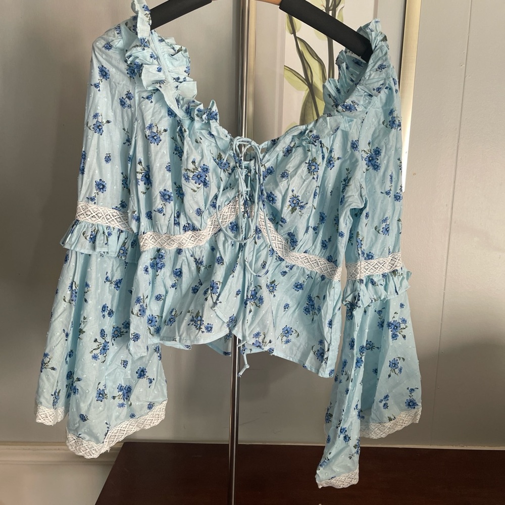 ASOS Light Blue Floral Ruffle Blouse